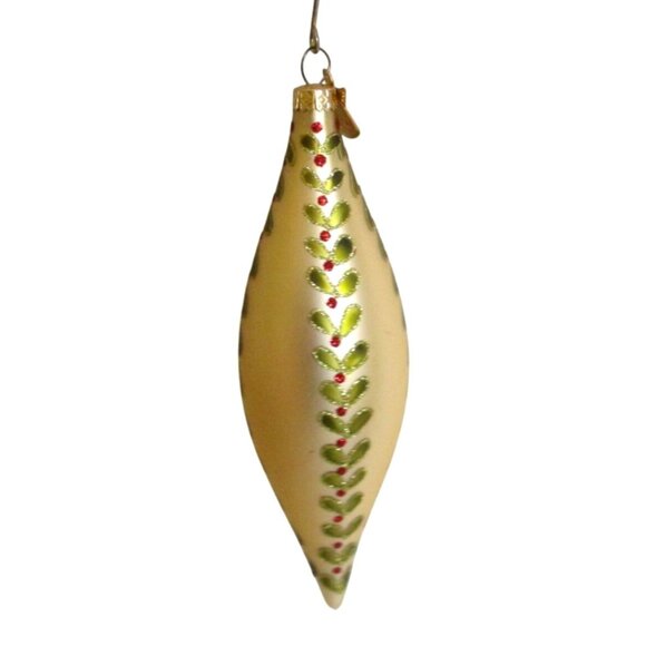 Gold Teardrop Christmas Ornament Bauble - Green & Red Leaf Design - Vintage - Picture 1 of 5